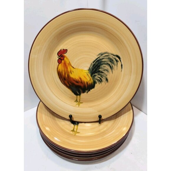 Oneida Casual Settings  Morning Rooster 10" Dinner Plates Set Of 5 Brushed Tan - Picture 1 of 9